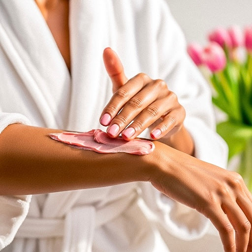 Person applying B.o.T.B. Body cherry body butter to their arm with a blurred background of flowers