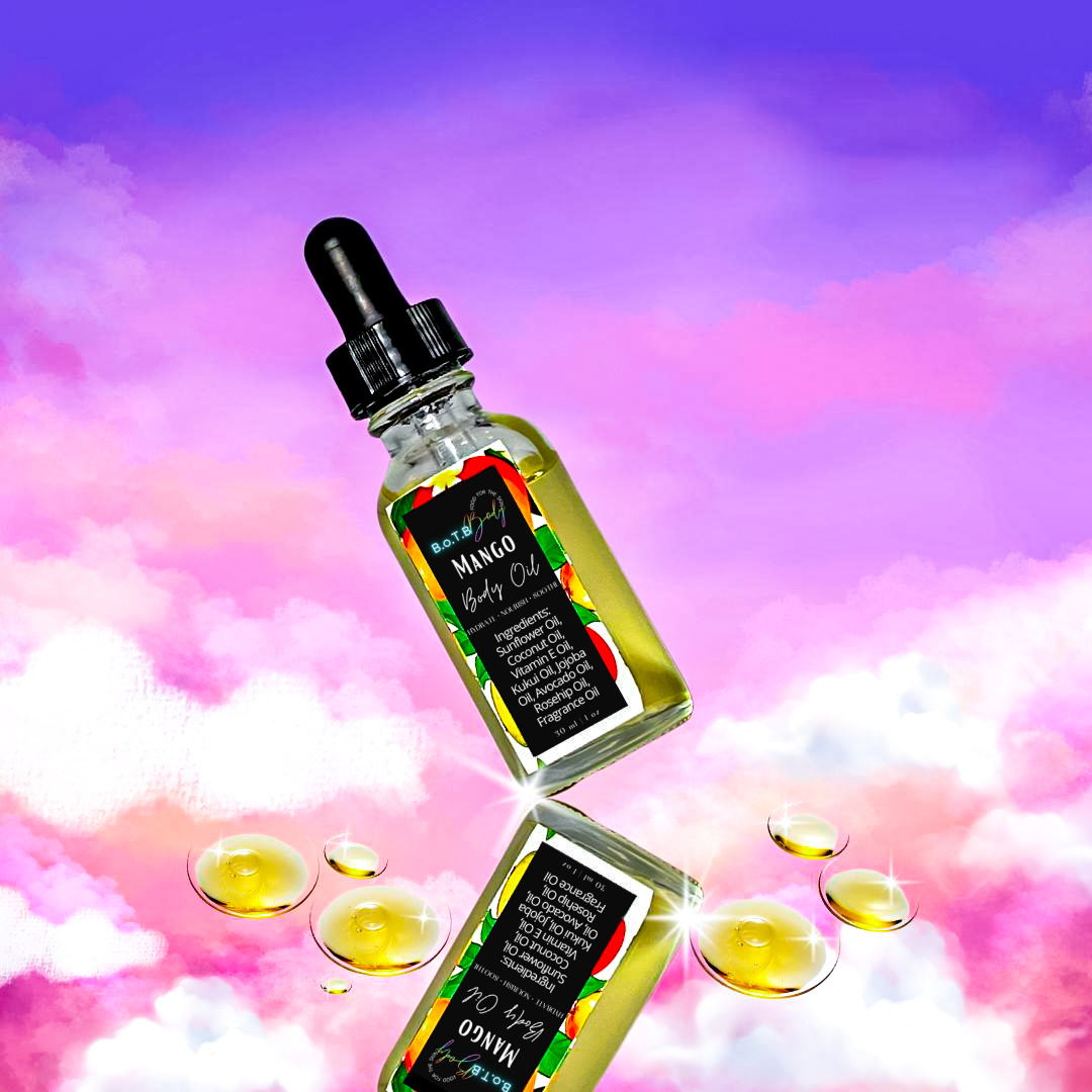 Mango body oil dropper bottle with a colorful sky background